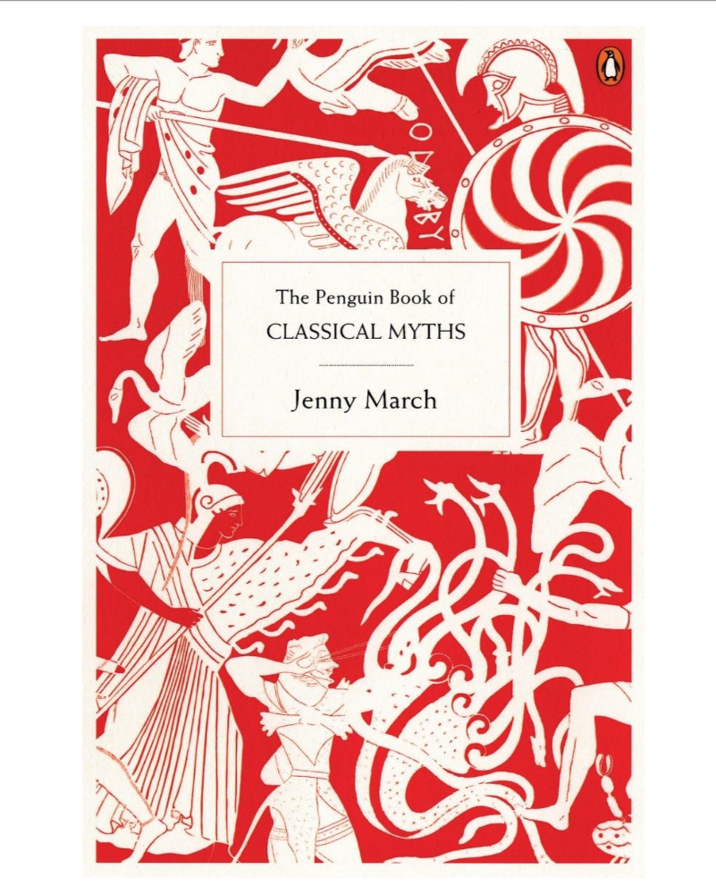 Book cover of 'The Penguin Book of Classical Myths' by Jenny March with classical illustrations on a red background