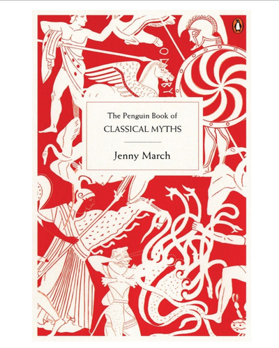 Book cover of 'The Penguin Book of Classical Myths' by Jenny March with classical illustrations on a red background