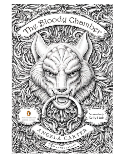Book cover of 'The Bloody Chamber' by Angela Carter with intricate design and wolf head illustration.