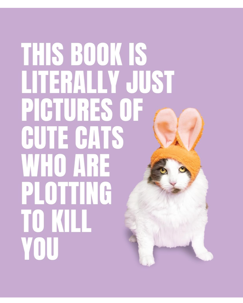 Cat wearing a bunny costume with text on a purple background