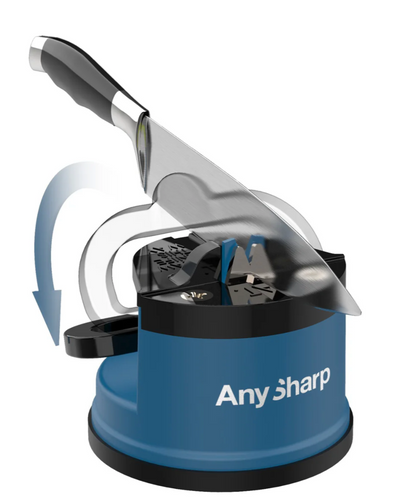 Knife sharpener with a knife inserted, branded 'AnySharp', on a white background