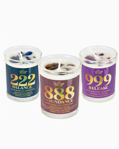 Soy candles with 100% essential oil blends

#888 - with Tiger Eye &nbsp;- Abundance

#777 - with Green Aventurine - Luck

#111 - with Clear Quartz - Manifestation

#444 - with Black Obsidian - Protection