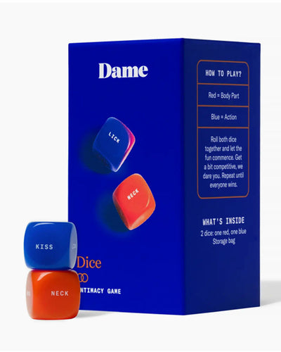 Explore sensual desires and ignite passions – all with a dash of fun. Dice by Dame is a new game to get you in the mood.

How to play? Red = Body Part Blue = Action Roll into connection, pleasure, and play. Dame’s Dice remove decision-making - submit to the dice and experience each other. The more you play, the more you win. Makes a great gift!
