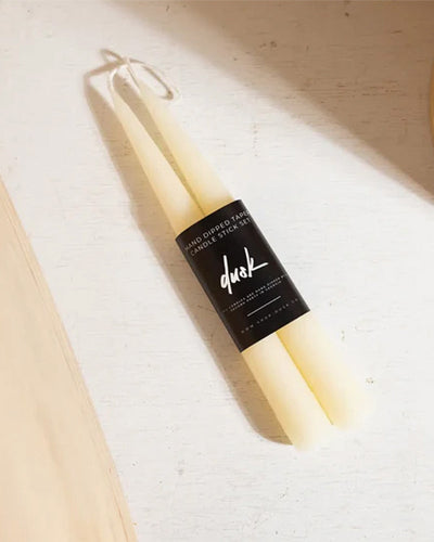 Add ambience all year round. Create an intimate dining experience with dusk's taper candles.

Made from hand-poured vegetable stearin. Finished with a 100% cotton, lead-free wick for a clean burn.