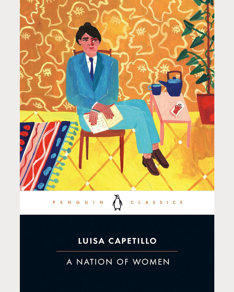 Book cover of 'A Nation of Women' by Luisa Capetillo with a colorful illustration of a man in a blue suit.