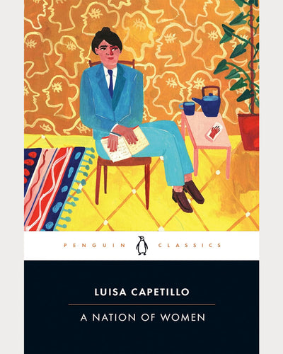 Book cover of 'A Nation of Women' by Luisa Capetillo with a colorful illustration of a man in a blue suit.