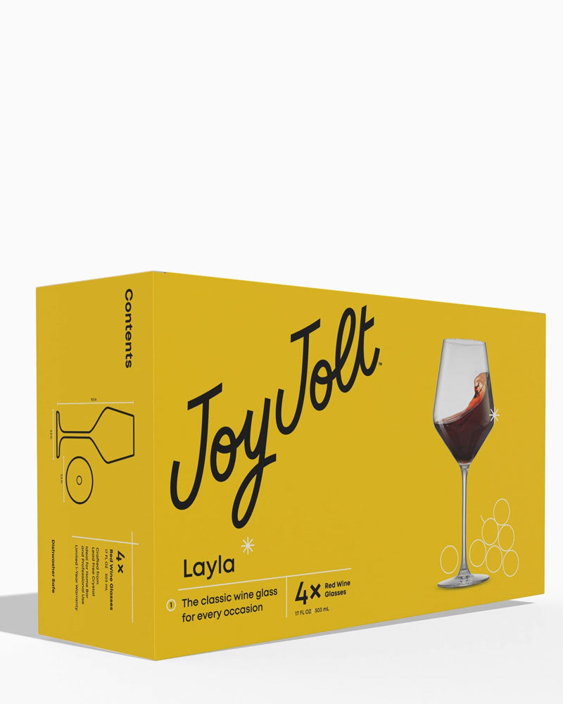 With beautiful glass cut, perfectly uniform rims and sophisticated lines, the JoyJolt Layla&nbsp;Red Glasses will certainly impress anyone! These are crafted with care in Czech Republic from premium quality, highly durable crystal. Dishwasher Safe.