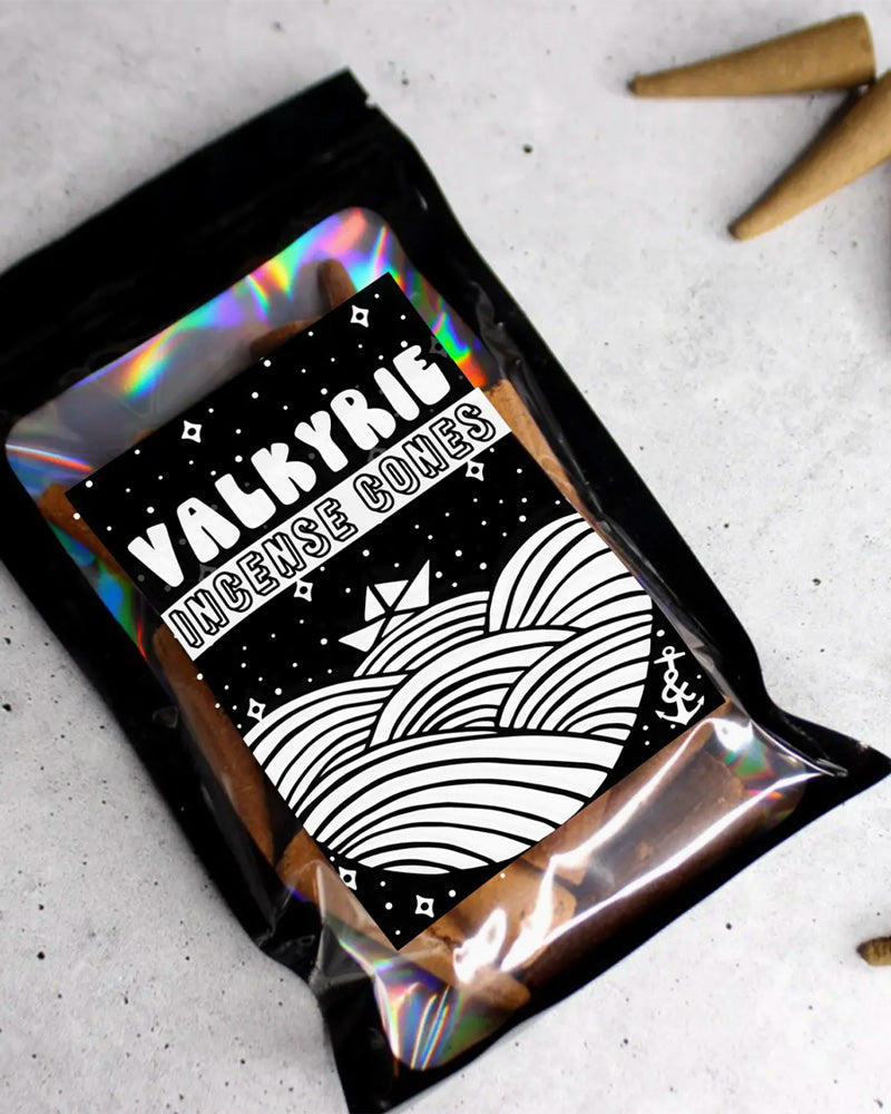 VALKYRIE | An intoxicating blend of tonka, tobacco, smoke, spiced honey, coriander and musk. Beautifully scented sustainably grown bamboo backflow 2 inch incense cones. Each bag contains 20 cones.