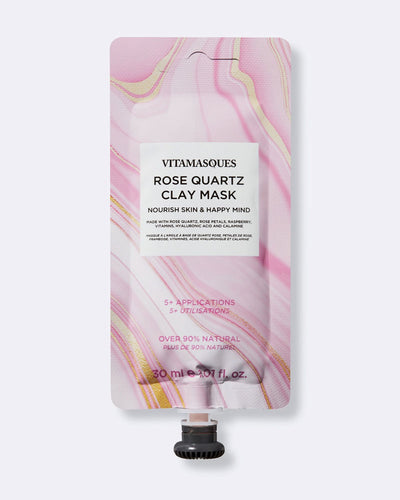 Made with rose quartz, rose petals, raspberry, vitamins, hyaluronic acid and calamine to exfoliate and nourish skin. What it is: A wash of clay mask made with Rose Quartz extract, Rose Petals, Raspberry, Vitamin C &amp; E, Hyaluronic Acid and Calamine to exfoliate and nourish your skin while the floral scent uplifts your mood.