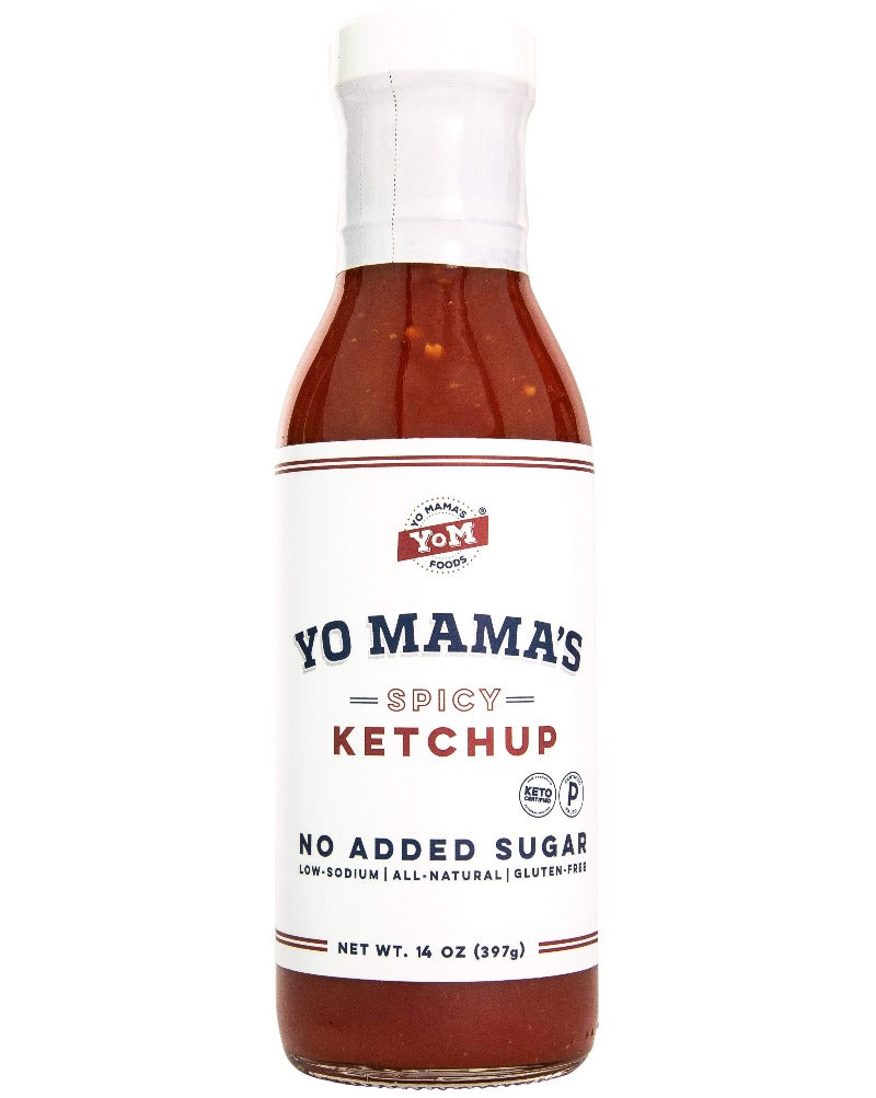 Yo Mama's Spicy Ketchup is handcrafted with Tomatoes, Spices, and Monk Fruit. A delicious upgrade to the American Classic with a spicy touch, Yo Mama's Spicy Ketchup is free from added sugars, contains no high fructose corn syrup and is Keto + Paleo Certified. Enjoy this spicy masterpiece on your Sweet Potato Fries, Hot Dogs, and Burgers. Low Carb No Sugar Added No Gums, Fillers, or Preservatives Dairy Free & Gluten Free