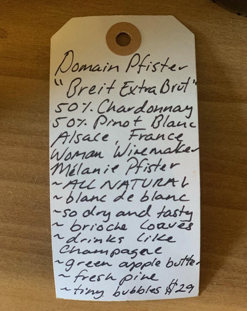 50% Chardonnay. 50% Pinot Blanc. Alsace, France.  Woman winemaker - Mélanie Pfister. All natural. Blanc de blanc. So dry and tasty. Brioche loaves. Drinks like Champagne. Green apple butter. Fresh pine. Tiny bubbles.