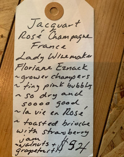 Champagne, France.  Lady winemaker - Floriane Eznack. Grower Champers. Tiny pink bubbles. So dry and sooo good. la vie en Rosé! Toasted brioche with strawberry jam. Walnuts + grapefruit.