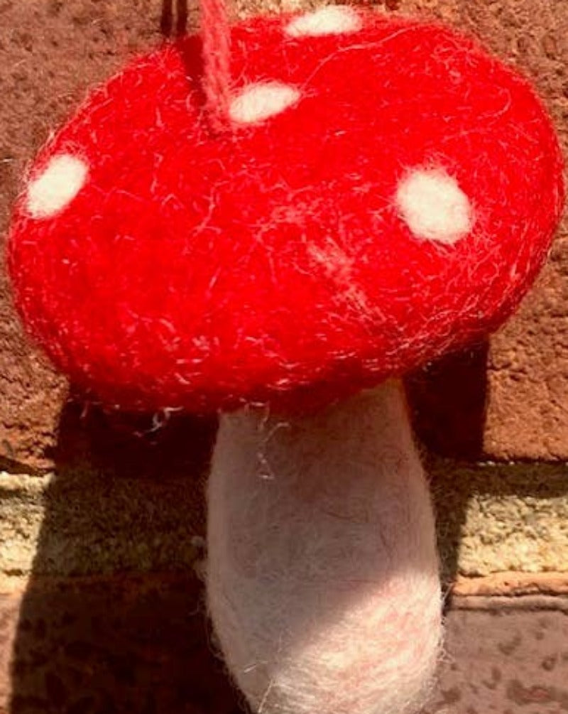Handmade red and pink felt Mushroom ornament.
