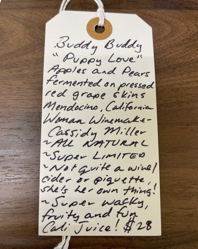  Orchard Heirloom Apples and Pears pressed through red wine skins. Mendocino, California.  Woman winemaker - Cassidy Miller. All natural. Co-fermented wine and fruit cider. Super limited!! Not quite a wine, cider or Piquette, she's her own thing! Super whacky, fruity, fun Cali juice!