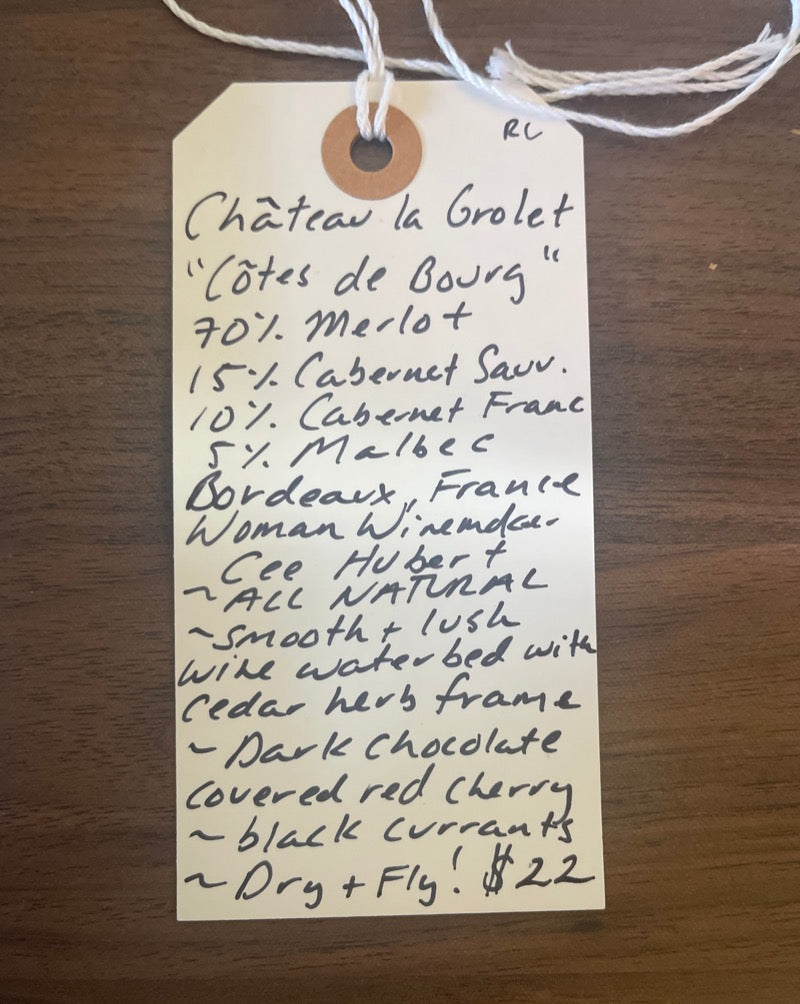 70% Merlot 15% Cabernet Sauvignon 10% Cabernet Franc 5% Malbec Bordeaux, France.  Woman winemaker - See Hubert. All natural. Smooth and lush wine waterbed with a cedar herb frame. Dark Chocolate covered cherry. Black currants. Dry and Fly!