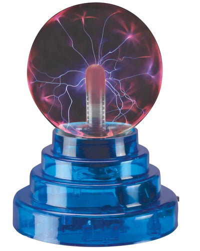 This portable desktop plasma orb provides hands-on experience with light, electricity, and energy. A small Tesla coil generates a large electrical potential difference, which tries to even itself out by discharging in the same way that a cloud discharges lightning.