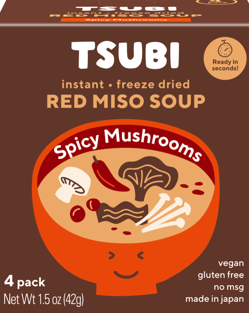 FLAVOR: SPICY RED MISO with Japanese Mushrooms (Enoki, Maitake, Nameko, Shiitake Mushrooms) Plant-Based / Vegan. Non GMO. Gluten-Free. No Preservatives. No MSG. Low Sodium. Fully traceable ingredients sourced and made in Japan. Natural probiotics (Miso is fermented soybeans). Travel friendly, kid-friendly, camping & hiking friendly, school & work-friendly! So convenient and easy to make. Just add 3/4-1 cup HOT water and wait 20 seconds :) 4 individually packed single packs per box.