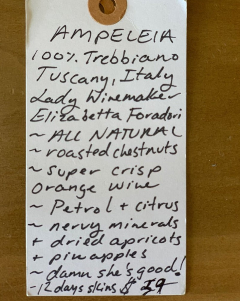 100% Trebbiano Tuscany, Italy.  Woman winemaker - Elizabetta Foradori. Roasted chestnuts. Super crisp orange wine. Petrol + citrus. Nervy minerals + dried apricots + pineapples. Damn she's good! 12 days on skins.