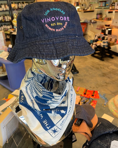 Vinovore Women Made Wine BUCKET Hat. Denim.
