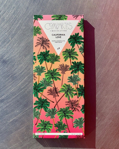 California Love by Compartés Chocolates Los Angeles. Gourmet handmade dark chocolate bar made with gourmet dark chocolate and tons of crushed San Francisco sourdough pretzels. This combo is the ultimate meeting of dark chocolate, sea salt, and crunch.