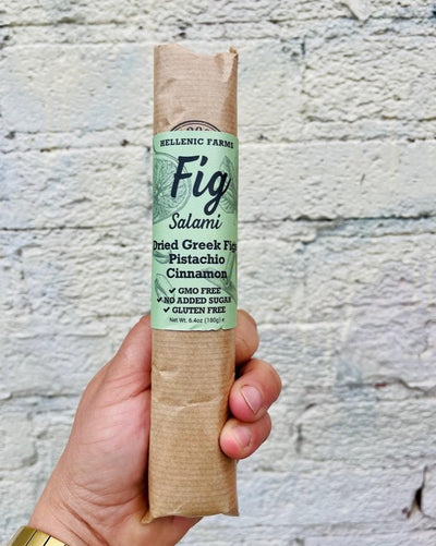 100% plant-based Fig Salami Pistachio + Cinnamon. They are vegan, GMO free, and have no added sugars. Great accompaniment to any cheese plate or on it's own!  Made in Greece