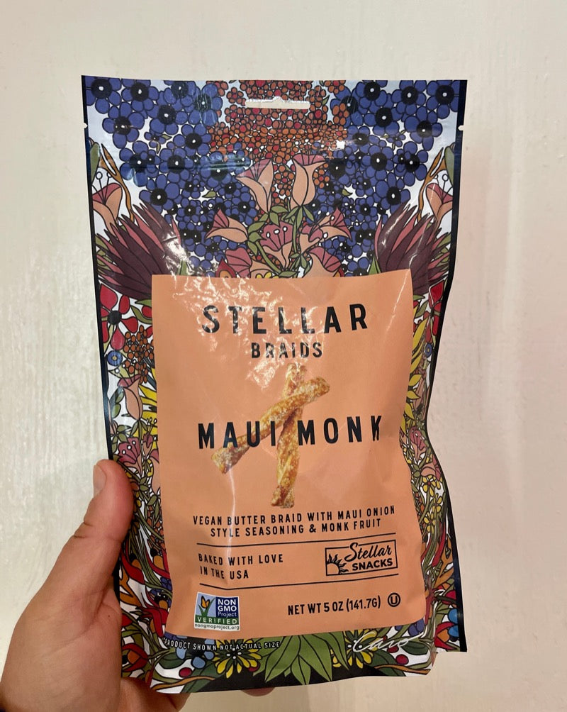 Maui Onion and Monk Fruit provides the ultimate mouth watering guilt free sweet and savory flavor you've been craving. Stellar Braids were created to provide a tasty and clean alternative to the existing seasoned pretzel braids in the market place. Stellar Braids are Non-GMO Project Verified, Vegan, Kosher and Peanut Free.