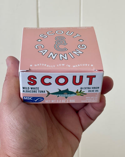 Scout’s mission is simple: they want to become the most trusted seafood brand in North America. By continuing to source from regional partners that meet the highest standards in seafood sustainability, including reduced bycatch and minimal ecosystem impact.  Solid white wild albacore tuna, organic olive oil, salt.  Woman Owned