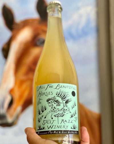 Beer + Wine Bend. Roussanne Pet-Nat + Golden Sour Ale. Idaho, USA.  Woman winemaker - Laura Hefner-Glavin. All natural. Sparkling, spunky and a little funky. Creamy kicker. Not your every day beverage. Kicking' sour bronco.