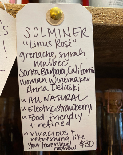 33% Grenache. 33% Syrah. 33% Malbec.  Santa Barbara County, California  Lady winemaker - Anna DeLaski All Natural. Electric strawberry  Food friendly + refined  vivacious + refreshing like your favorite niece/nephew