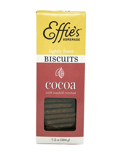 Effie's original cocoa oatcakes are a fourth generation family recipe with origins in Cape Breton, Nova Scotia. Crisp, lightly sweetened, with a nutty flavor, oatcakes are a perfect snack any time of day. Each box holds 7.2 oz of delicious biscuits.