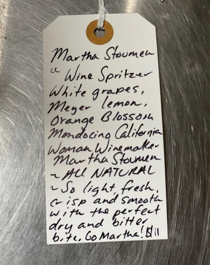 Wine Spritzer. White grapes, Meyer lemon, orange blossom. Mendocino, California.  Woman winemaker - Martha Stoumen. All natural. So light, fresh, crisp and smooth with the perfect dry and bitter bite.  Go Martha!