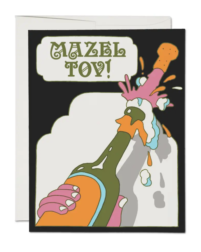 Mazel Tov greeting card. 100lb heavyweight card stock. Offset printed. 5.5 x 4.25 inches. Illustrated by Clay Hickson.