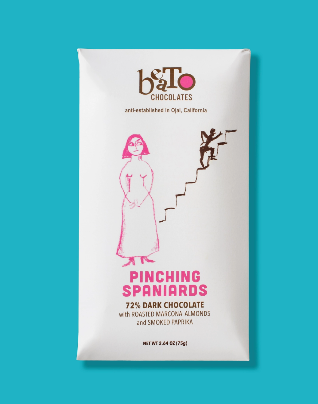72% dark chocolate with roasted marcona almonds and smoked paprika. Pinching spaniards is a collection of letters that Beatrice Wood wrote to Steve Hoag. At the age of 65, wood wrote that wouldn’t return until she “pinched every spaniard.” she was home three months later.