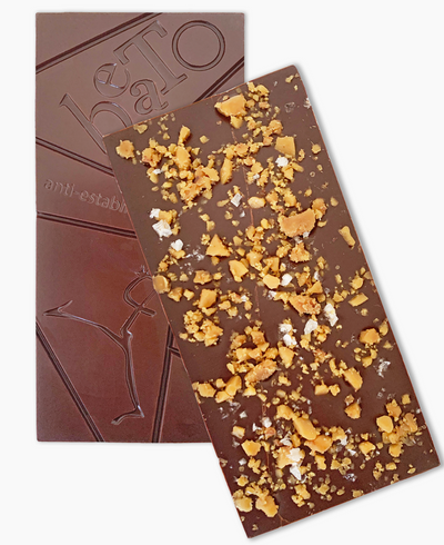 72% dark chocolate with toffee and sea salt. When she was 24, Beatrice wood, Marcel Duchamp, and Henri-Pierre Roché were involved in a romantic relationship that was rumored to be the inspiration for Roche's novel Jules et Jim.