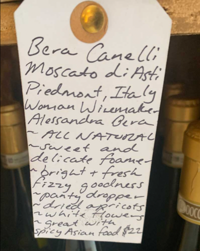 Piedmont, Italy.  Woman winemaker - Alessandra Bera. All natural. Sweet + delicate foamer. Bright + fresh fizzy goodness. Panty dropper. Dried apricots. White flowers. Great with spicy Asian food.