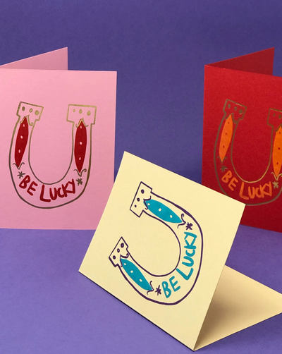 Foil embossed cards. Assorted colors. Made on recycled A6 sized cards. Complete with red envelope.
