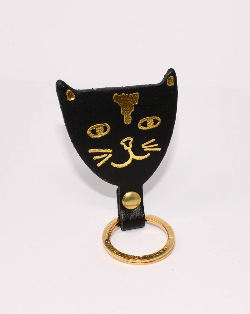 Black cat key fob. Genuine leather with a gold plated ring Made in Scotland Height excluding ring 7.5cm