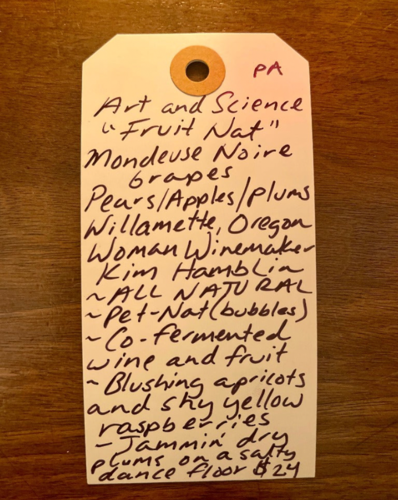 Apples, Pears, Plums, Mondeuse Noire Grapes. Willamette, Oregon.  Woman winemaker - Kim Hamblin. All natural. Pét-Nat (bubbles) Co-fermented Wine grapes and fruit. Blushing apricots and shy yellow raspberries. Jammin' dry plums on a salty dance floor.
