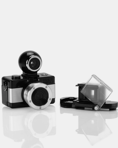 With a sleek black metallic design, the oh-so-adorable Fisheye Baby 110 Camera may be small, but it packs a 170-degree punch, shooting super-cool bulbous spheres on 110 film.