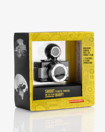 With a sleek black metallic design, the oh-so-adorable Fisheye Baby 110 Camera may be small, but it packs a 170-degree punch, shooting super-cool bulbous spheres on 110 film.