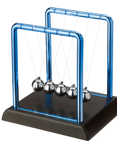 The Newton's Cradle teaches principles of physics in a fun, hands-on way. Pull back the polished steel ball on one end and let it fall. When it hits, it transfers its energy to the ball at the far end of the line, setting it in motion. Experiment with releasing multiple balls at once and observe the effect. The Newton's Cradle makes a fun conversation piece, and fits perfectly on a desktop or coffee table.