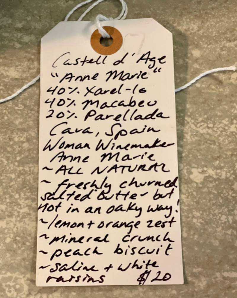 40% Xarel-lo, 40% Macabeo, 20% Parellada. Cava, Spain.  Woman winemaker - Anne Marie. All natural. Freshly churned salted butter but not in an oaky way! Lemon + orange zest. Mineral crunch. Peach biscuit. Saline + white raisins.