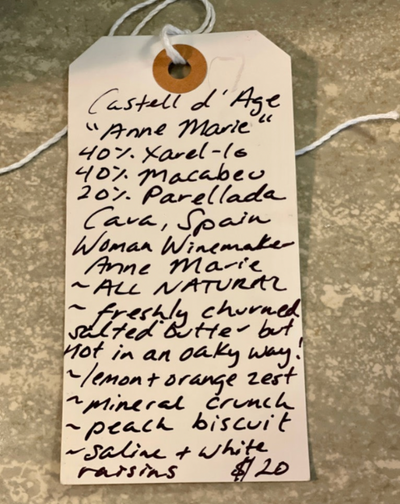 40% Xarel-lo, 40% Macabeo, 20% Parellada. Cava, Spain.  Woman winemaker - Anne Marie. All natural. Freshly churned salted butter but not in an oaky way! Lemon + orange zest. Mineral crunch. Peach biscuit. Saline + white raisins.