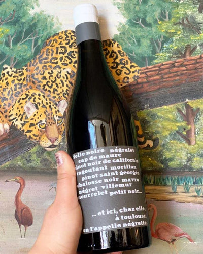 100% Negrette Fronton, France.  Woman winemaker - Anne Arbeau. All natural. Unfiltered. Licorice, violets + black pepper. Semi carbonic. Oodles of freshness swirled with mega funkiness. Woodsy. Chillable red.