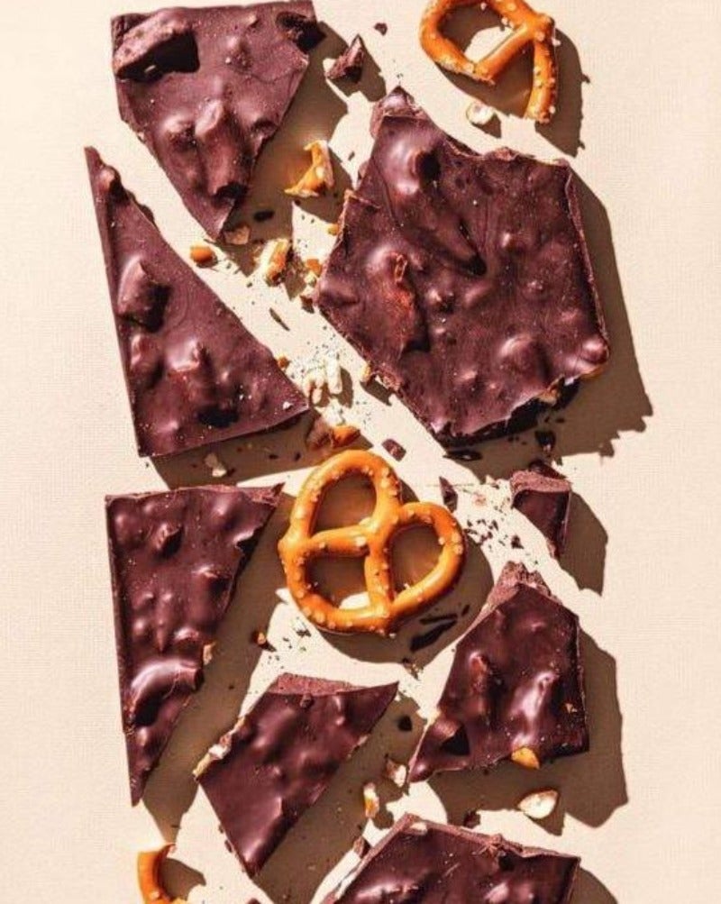 CALIFORNIA LOVE DARK CHOCOLATE SALTED PRETZEL BAR:  California Love by Compartés Chocolates Los Angeles. Gourmet handmade dark chocolate bar made with gourmet dark chocolate and tons of crushed San Francisco sourdough pretzels. This combo is the ultimate meeting of dark chocolate, sea salt, and crunch.