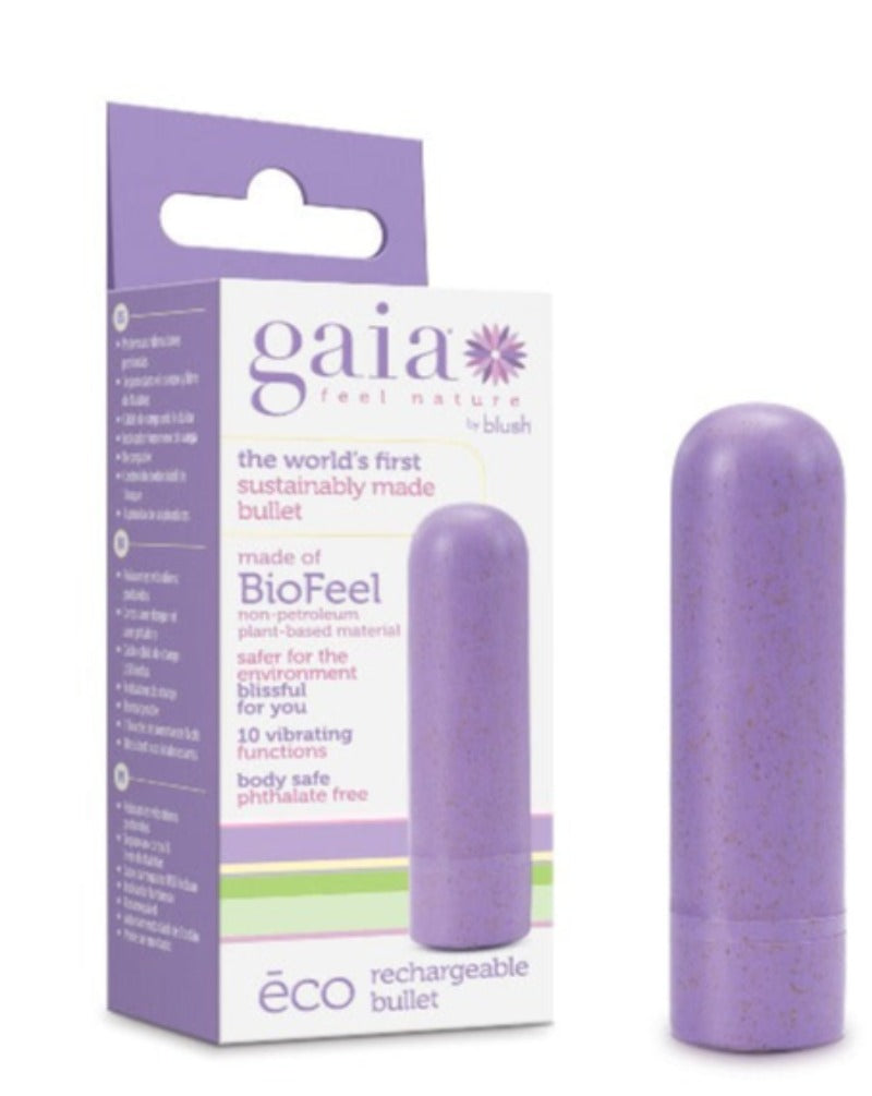 The Gaia Eco Rechargeable Bullet is an eco-conscious vibrator! This pleasure-packed petite vibe is crafted from BioFeel, a plant-based bioplastic. Enjoy 10 powerful vibration functions, controlled with an easy push button. You’ll love the power of this smooth bullet and take comfort knowing that Gaia Eco Rechargeable Bullet uses less energy and creates fewer greenhouse gas emissions than any other sex toy on the market! It's USB rechargeable and splashproof for easy cleaning.