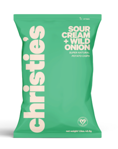 Christie's sour cream and wild onion potato chips are certified vegan, all natural, and non-GMO. The flavor vegans can't have just came back and better than ever. Christie's are made fresh daily and packed by hand. The sour cream and wild onion snack bags are 1.5 oz.