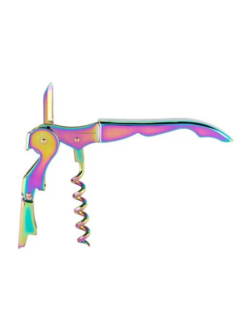 Dreamy iridescence spills across this superior double-hinged design, resplendent in a spectrum of kaleidoscopic color. Complete with an integrated bottle opener, 5 turn worm, and serrated foil cutter, this is one winsome wine key that makes opening a bottle a brightly-colored breeze.